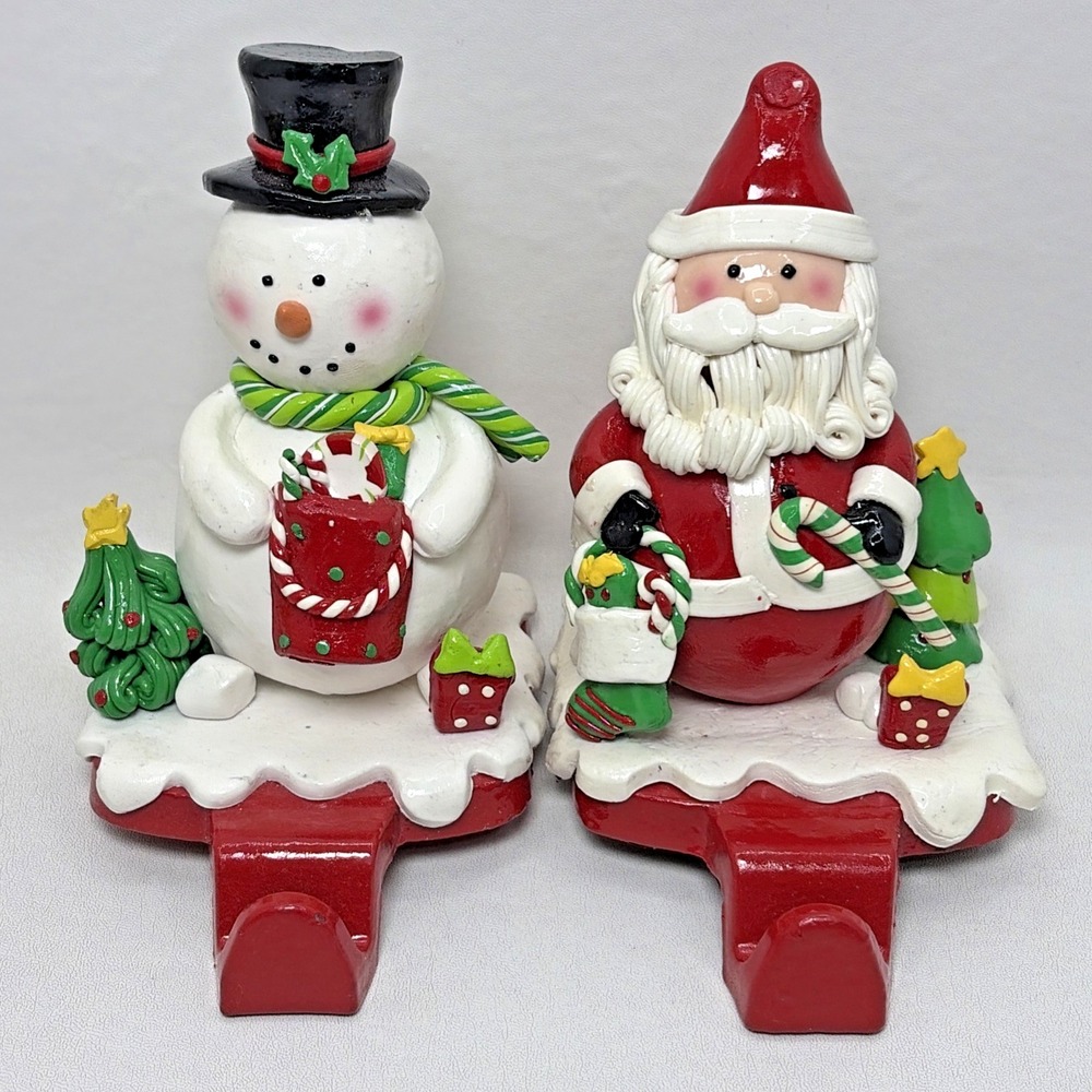 Vintage Claydough Set of 2 Santa Claus Snowman Stocking Holders Christmas Metal